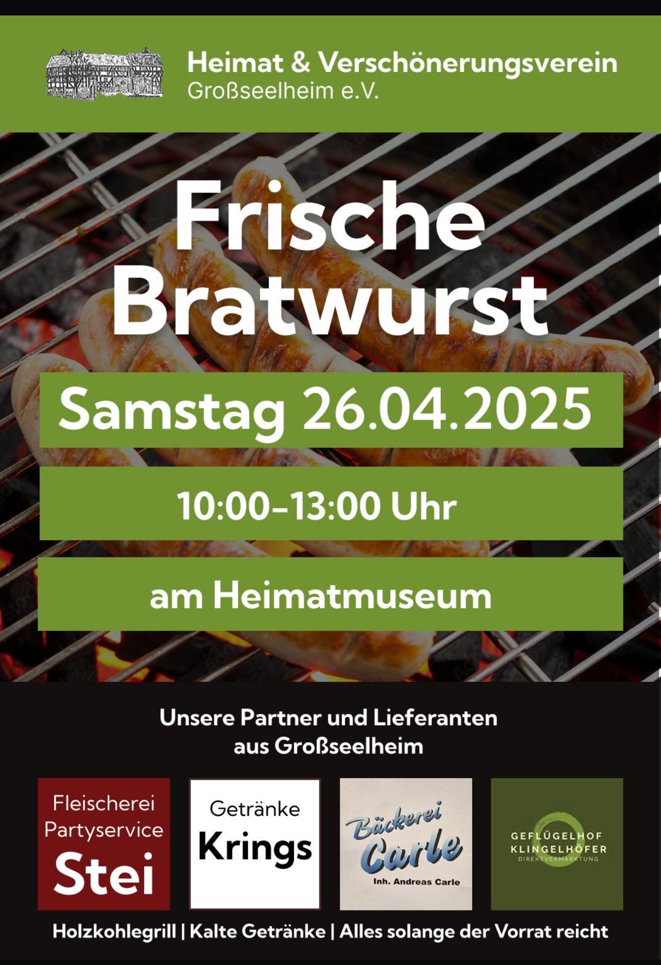 Frische Bratwurst am 26. April 2025 beim Heimatmuseum in Großseelheim zwischen 10 Uhr und 13 Uhr.