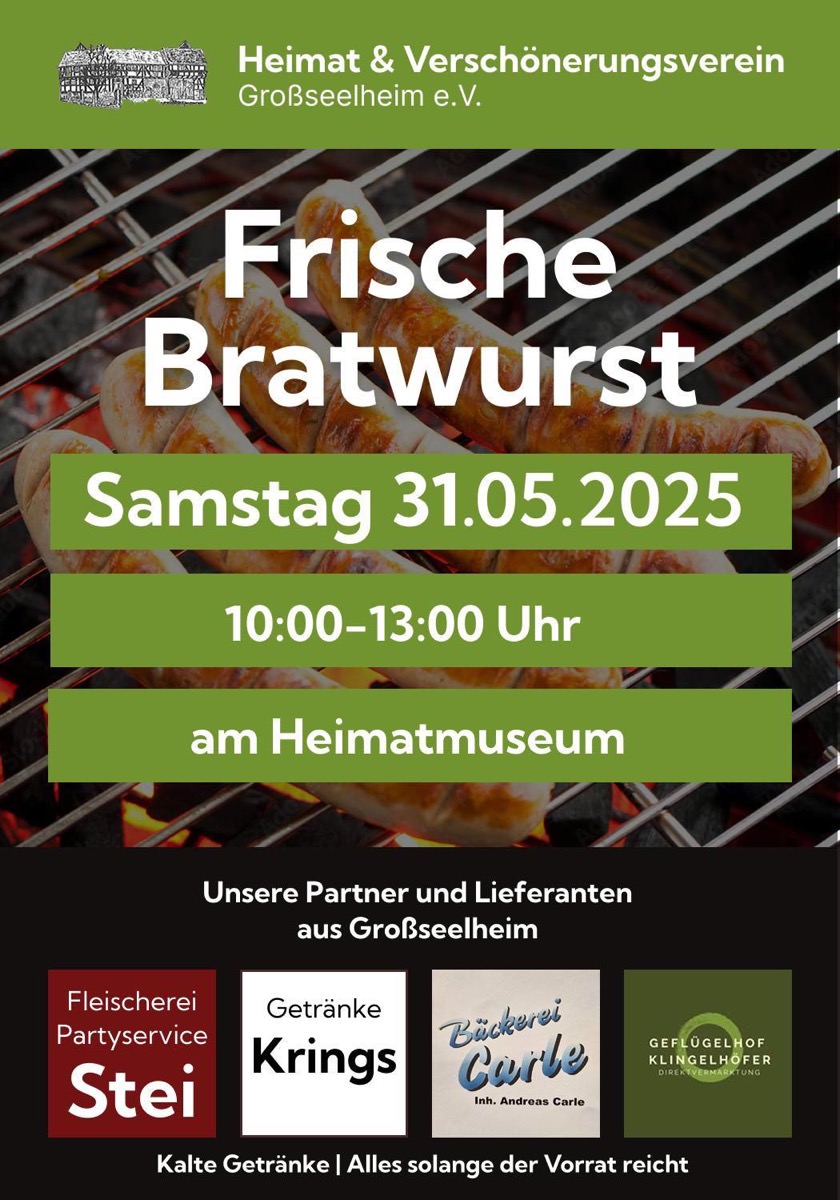 Frische Bratwurst am 31. Mai 2025 beim Heimatmuseum in Großseelheim zwischen 10 Uhr und 13 Uhr.